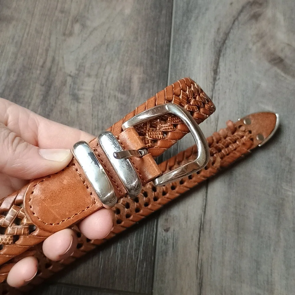 Fossil Tan Braided Leather Belt with Silver Buckle